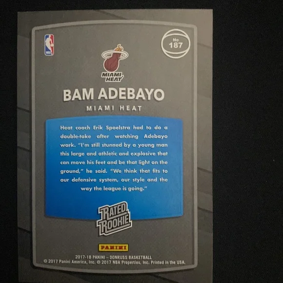 Bam Adebayo(rookie) - 2017 panini Donruss basketba #187 - Picture 2 of 2